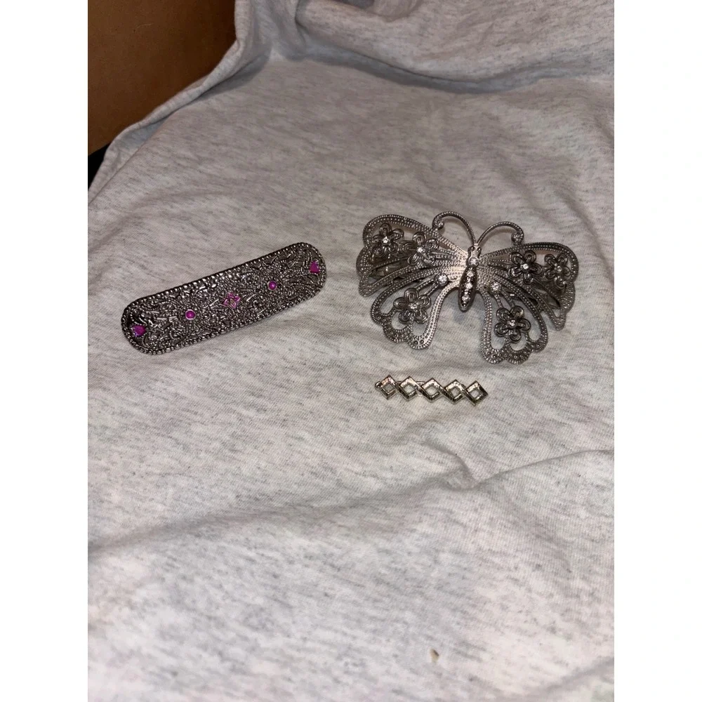 Vintage Silver Tone Butterfly & Pink Stone Barrette Hair Accessory Bundle 3pc